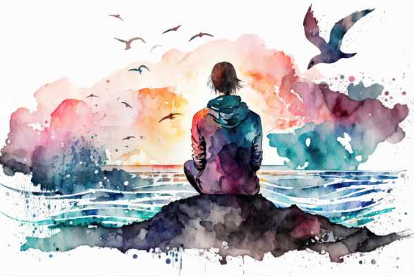 watercolour washed man sitting on rock in contemplation