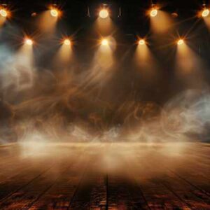 Empty theatre stage with lights and smoke